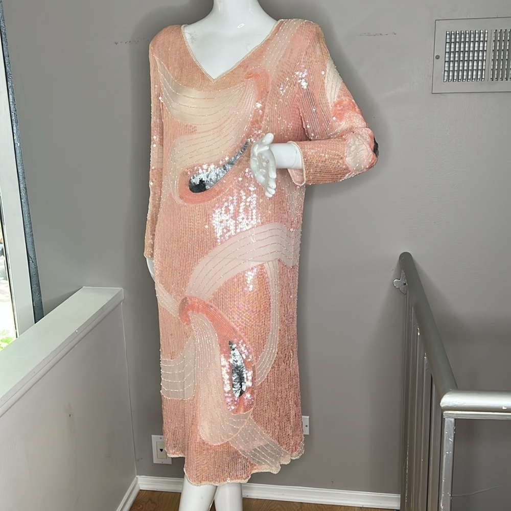 Starlight Sz 8-10 Peach Pink Gray Beaded Side Slit Long Sleeve Dress